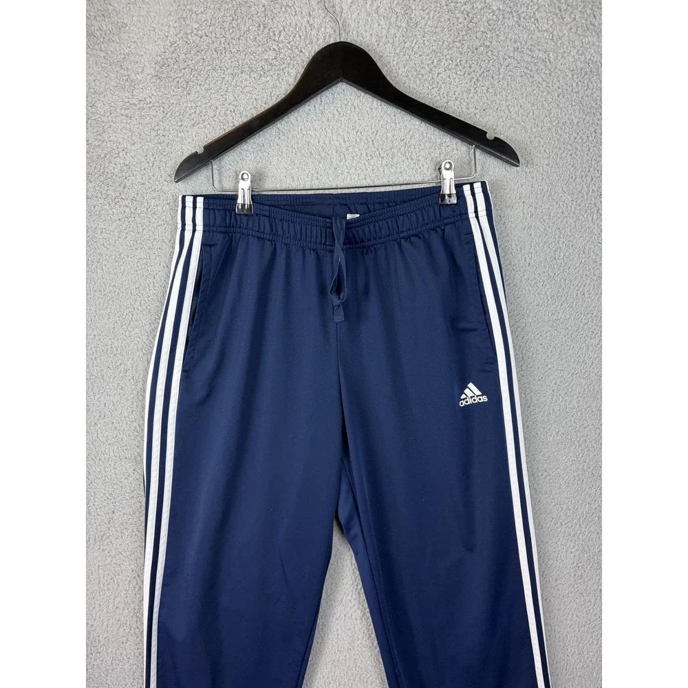 Adidas Pants Mens Large Blue 3 Stripe Track Knit Elastic Waist Pockets Rugby Men